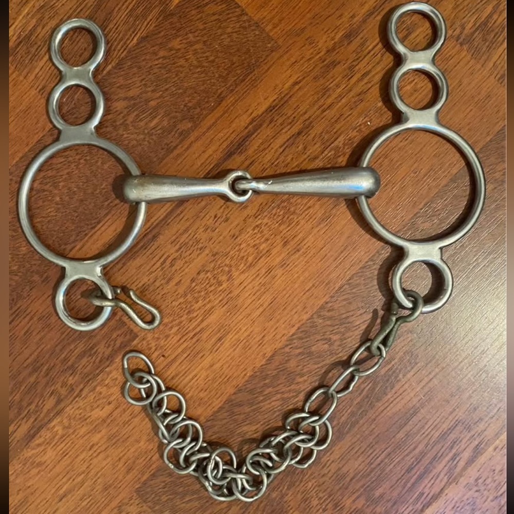 Equestrian English 3-ring snaffle horse bit with curb chain